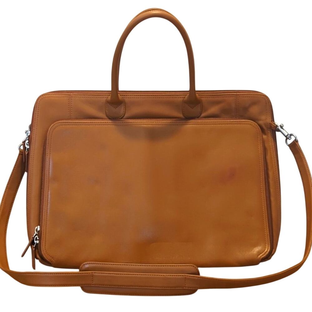 Levenger Business Vintage Tan Leather Briefcase with Crossbody Strap
